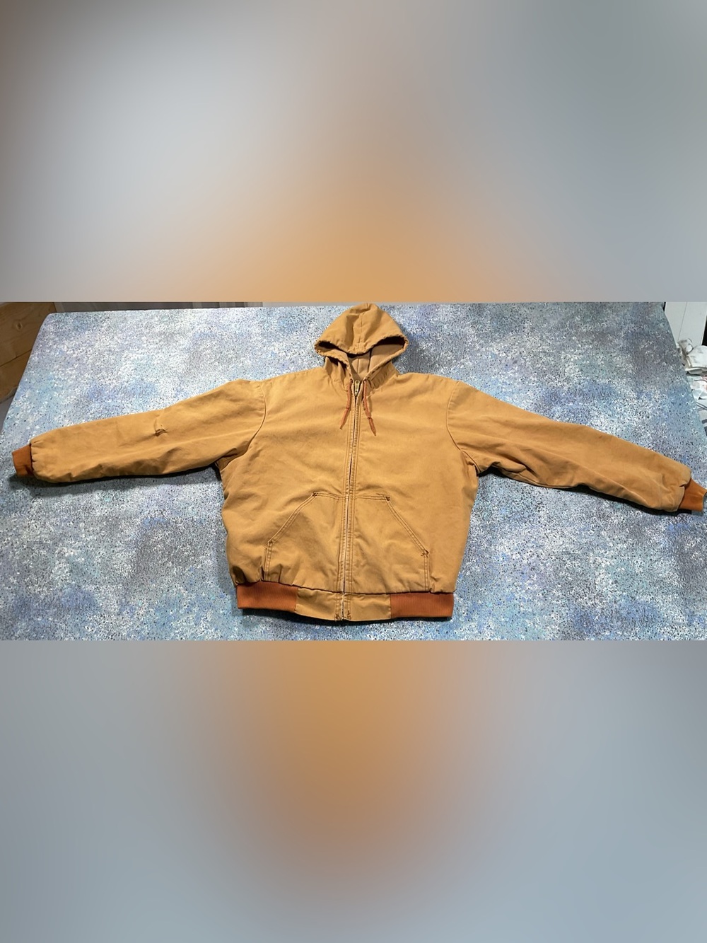 Vintage KEY Tan Duck Canvas Hooded Work Jacket Distressed Workwear USA. XL Long